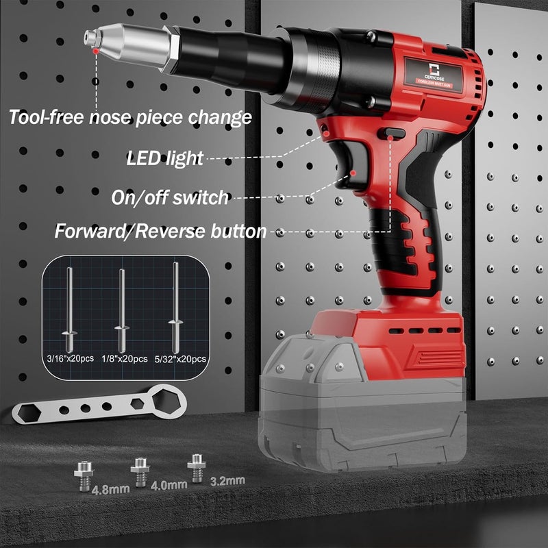 Cerycose Rivet Gun Compatible with Milwaukee 18V Battery, Cordless Rivet Tool with 3 Size (1/8", 5/32", 3/16") Aluminum Rivets, Brushless Motor Rivet Gun Kit Nose Piece, Led Light, Tool Only - Image 2